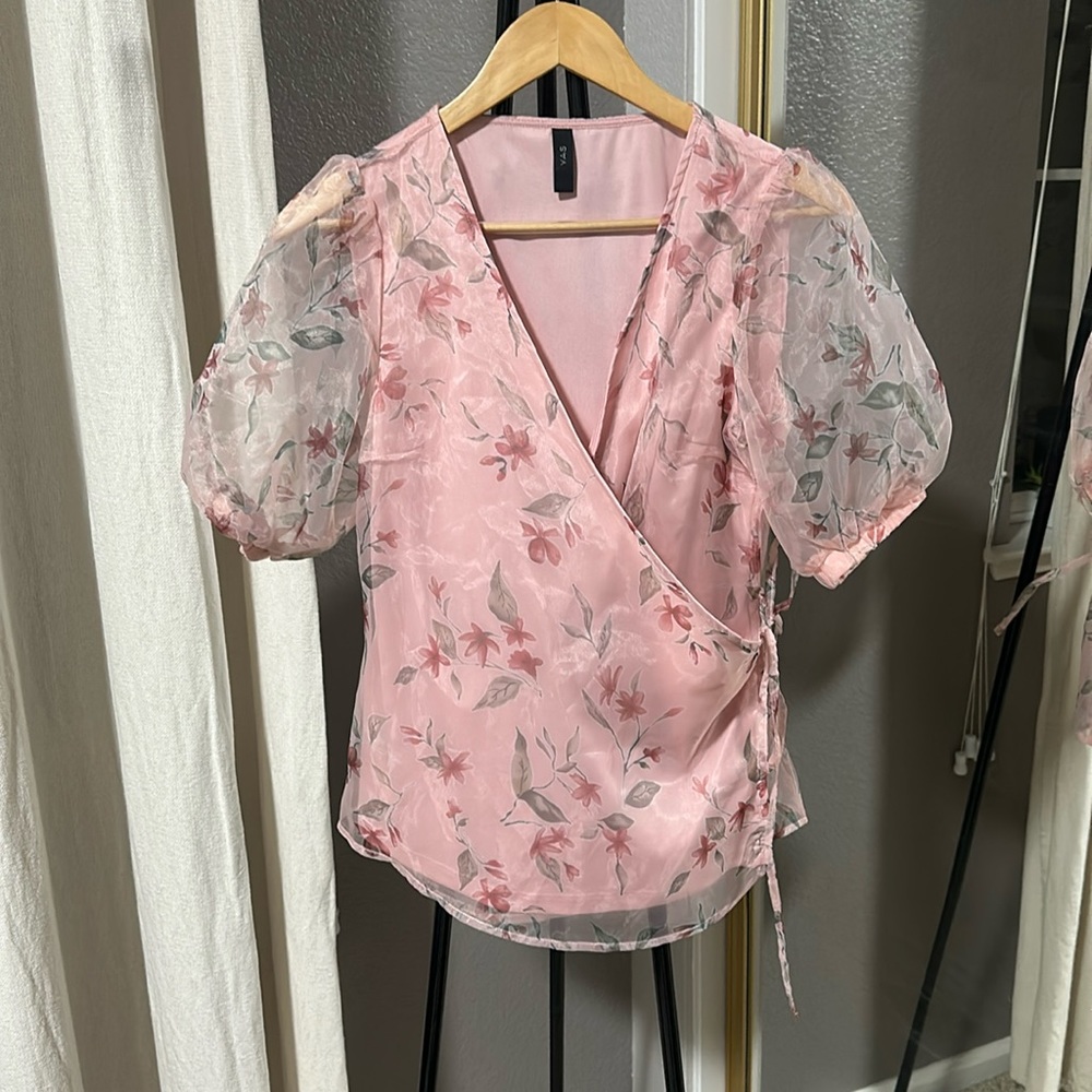 ASOS- Y.A.S., floral pink top with puff sleeves, size M
